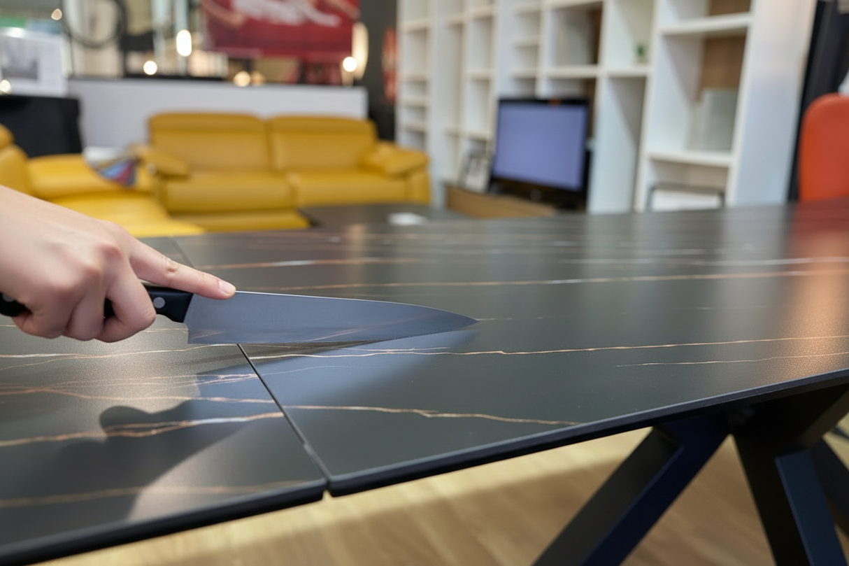 Démonstration de la résistance aux rayures de la céramique marbre noir