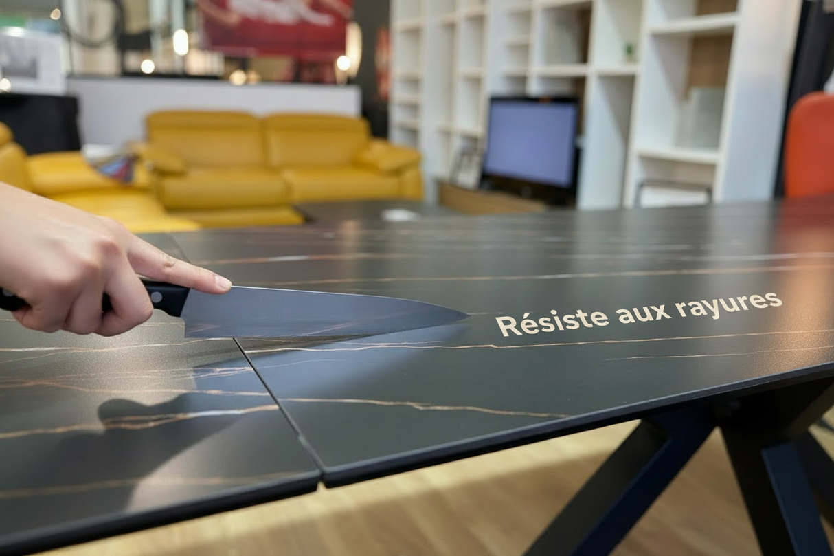 Démonstration de la résistance aux rayures de la céramique marbre noir sur une table extensible