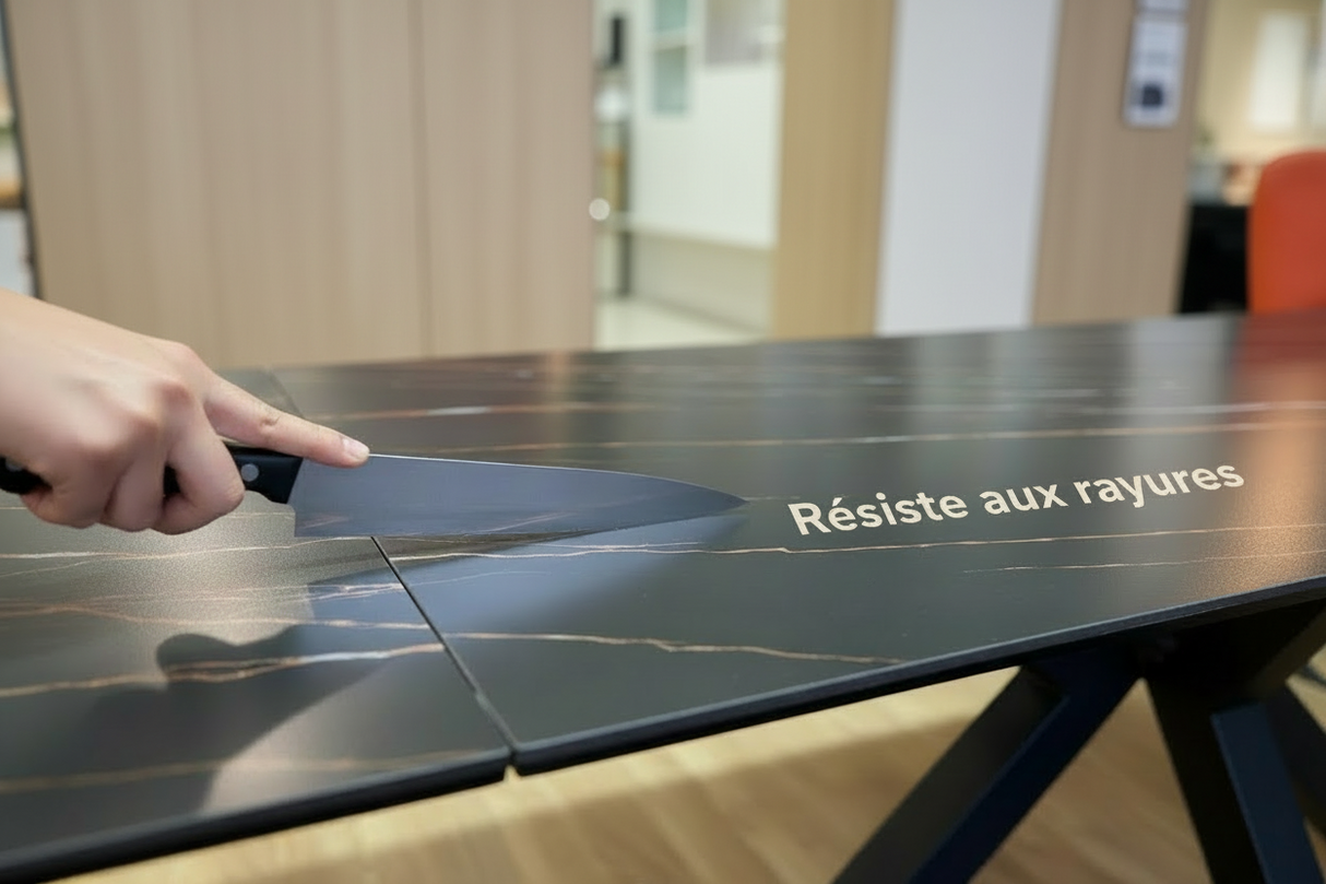 Stan céramique effet marbre noir – démonstration résistance aux rayures, surface intègre après test
