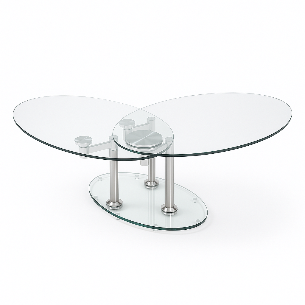 Table basse ovale Daniela – système rotatif – mi-ouvert – verre trempé transparent