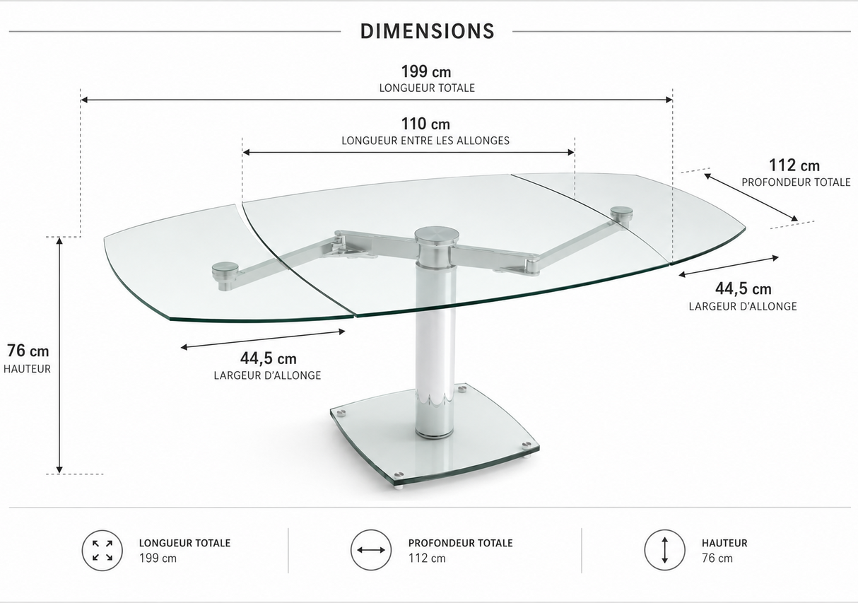 Table à manger extensible en verre pied central - Gia