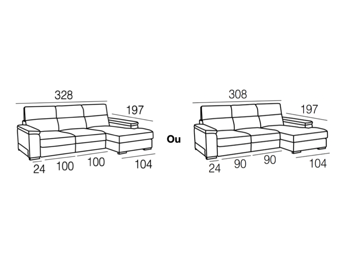 Schéma des dimensions du canapé d'angle Maggy avec méridienne et assises coulissantes
