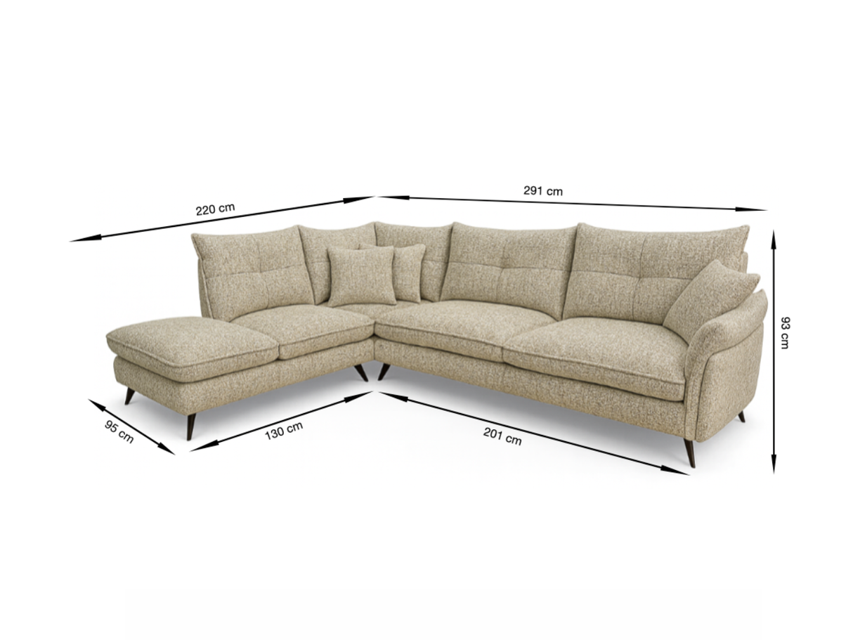 Beige fabric corner sofa 291x220 - Wildy