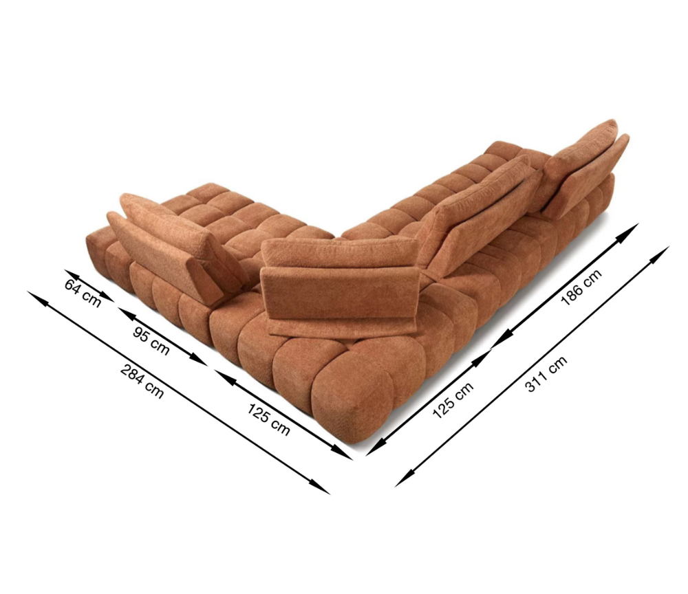 detail dimensions Canapé d’angle meridienne gauche avec dossiers avance recule Terracotta - Souffle d'intérieur- Cassia
