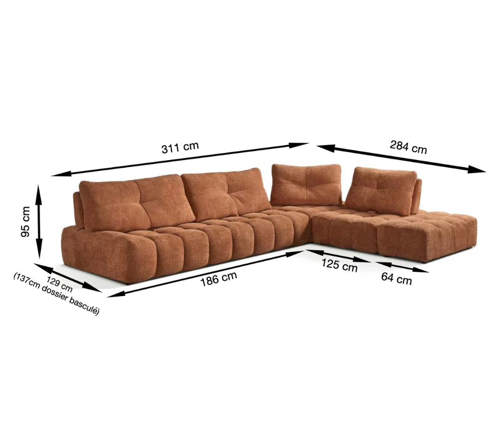 dimensions Canapé d’angle meridienne gauche avec dossiers avance recule Terracotta - Souffle d'intérieur- Cassia