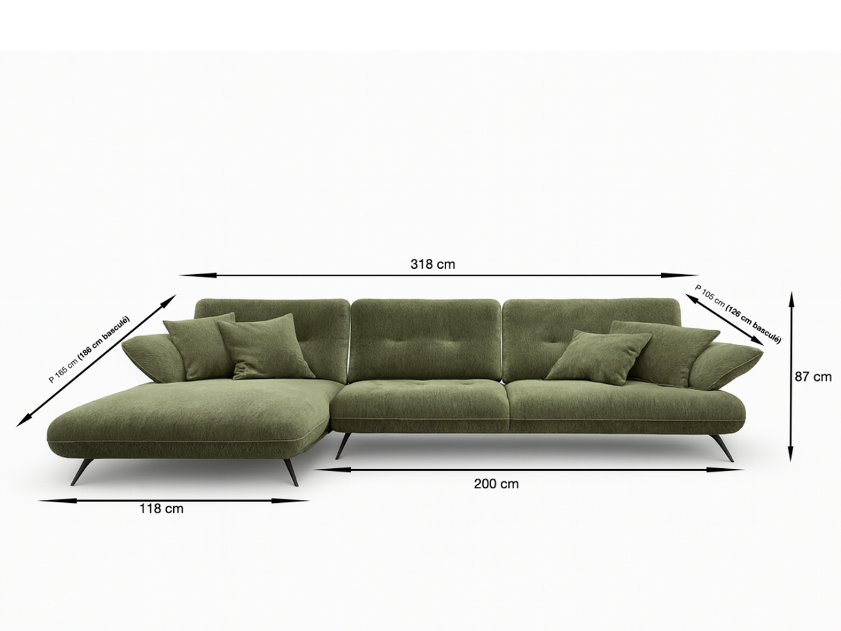 Dimensions et plan technique du canapé d'angle vert avance recule design moderne