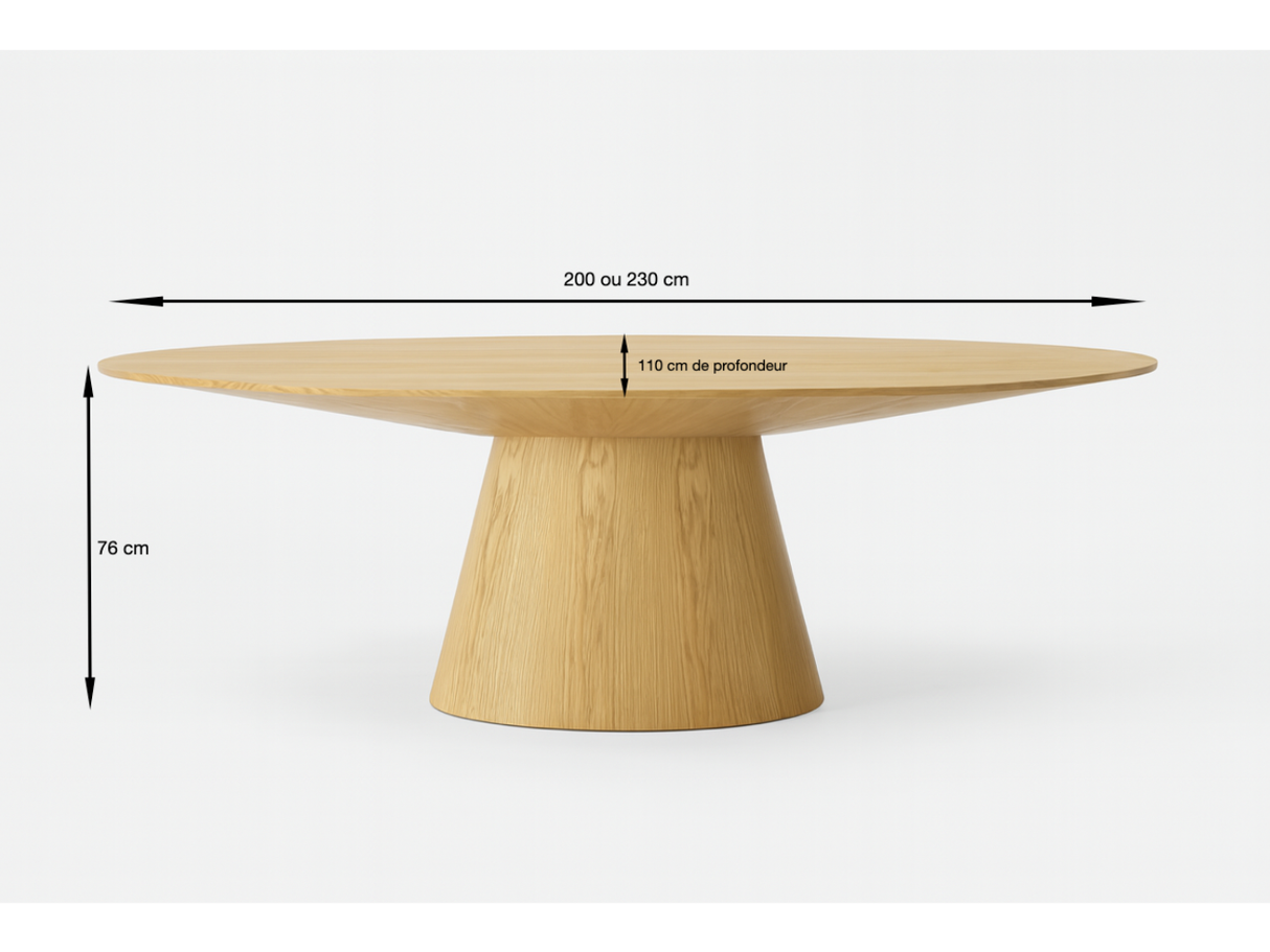 détail des dimensions d'une Table ovale en bois chêne clair avec pied central sur fond blanc