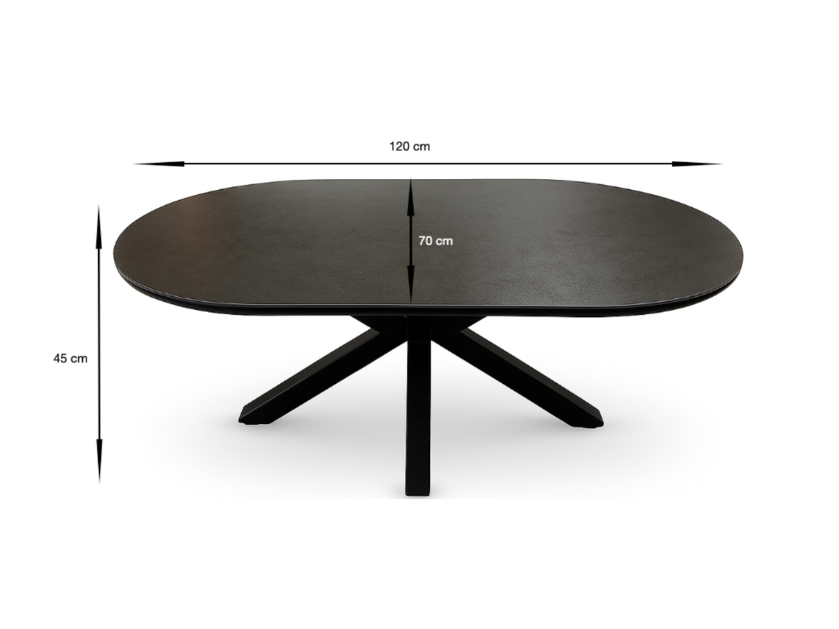 Schéma dimensions table basse ovale céramique noire Ophélie - 120x60x45 cm
