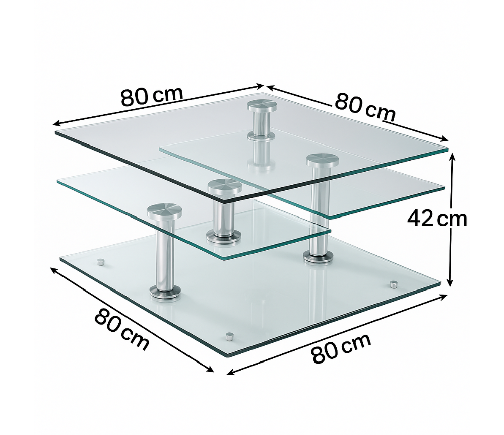 table basse en verre fermé avec détail dimensions