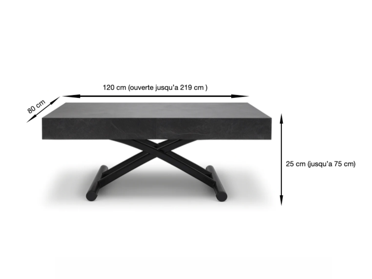 detail dimensions table basse grise ardoise marbre relevable extensible