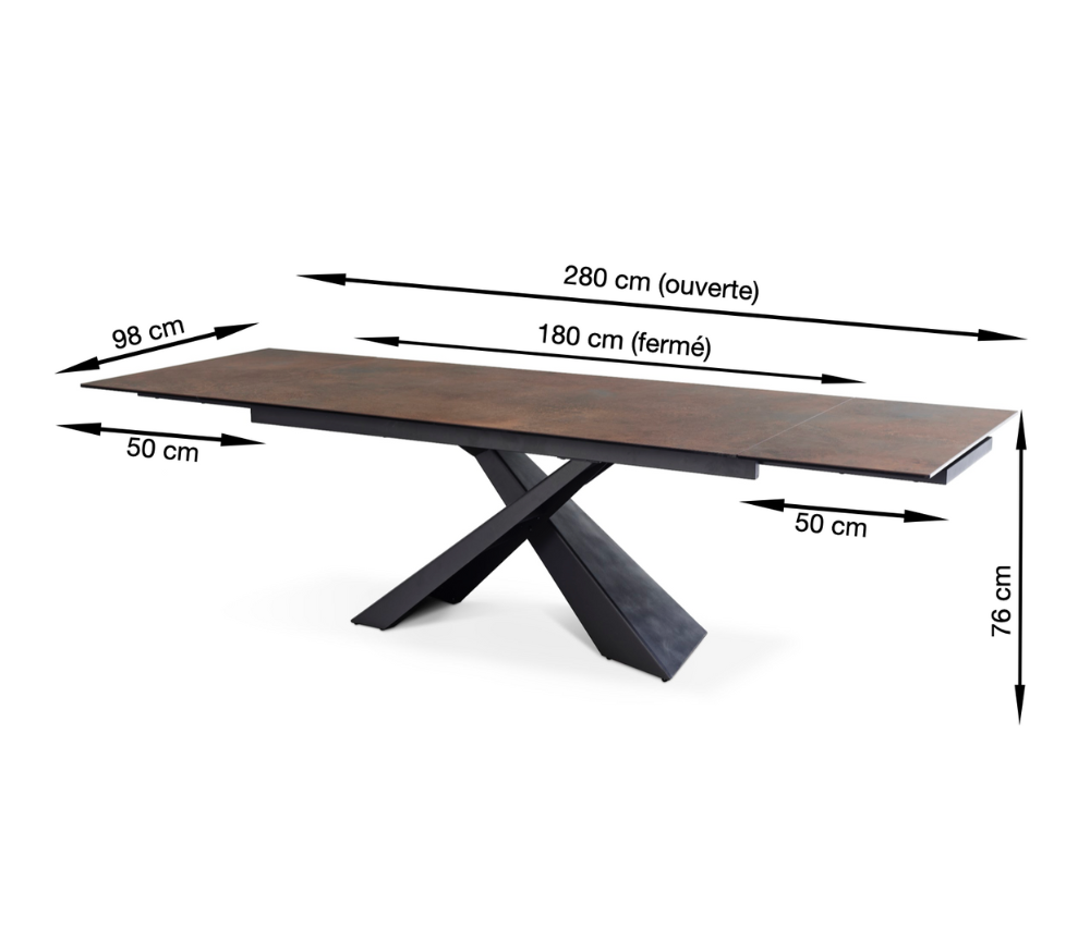 dimensions des détail d'une table en céramique rouille pieds métal noir