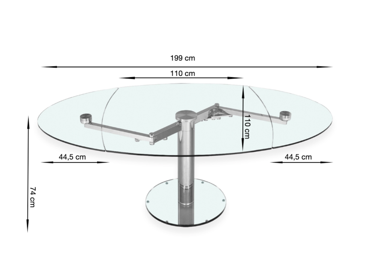 detail des dimensions d'une Table de salle à manger ovale en verre trempé transparente extensible pied central - Souffle d'intérieur - eda concept