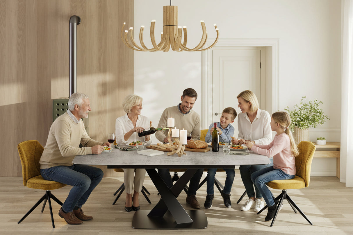 Santiago table céramique carrée extensible – vue en situation salle à manger, design contemporain