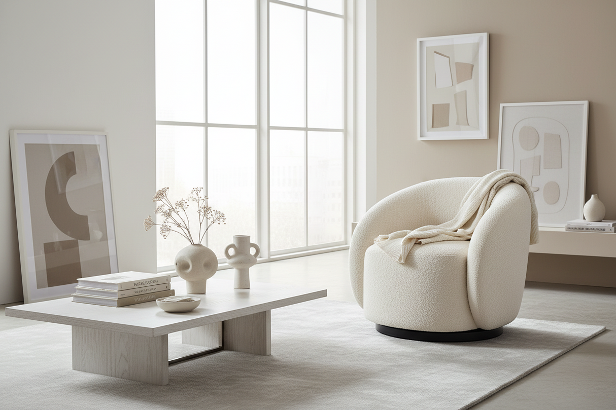 Fauteuil Assia - vus 3/4 - tissu 100 % polyester effet bouclette