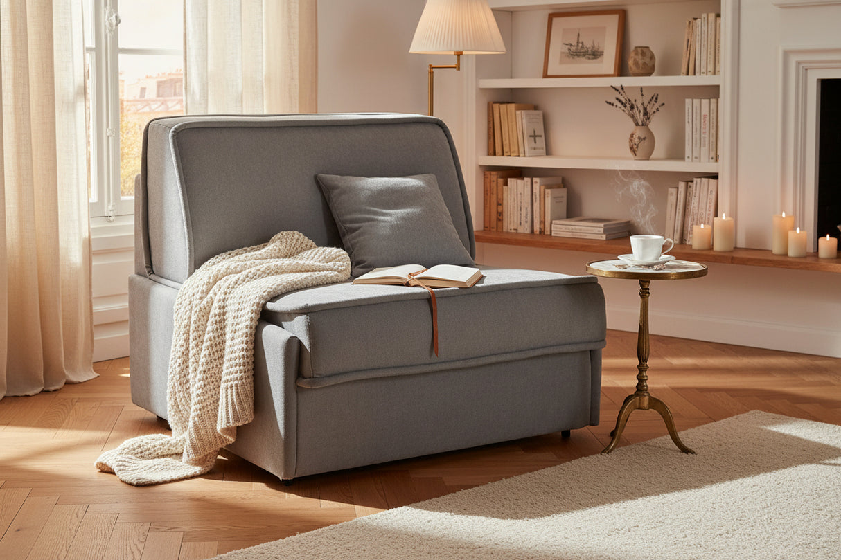 fauteuil convertible 1 place 90x190 rapido gris dans un salon contemporain