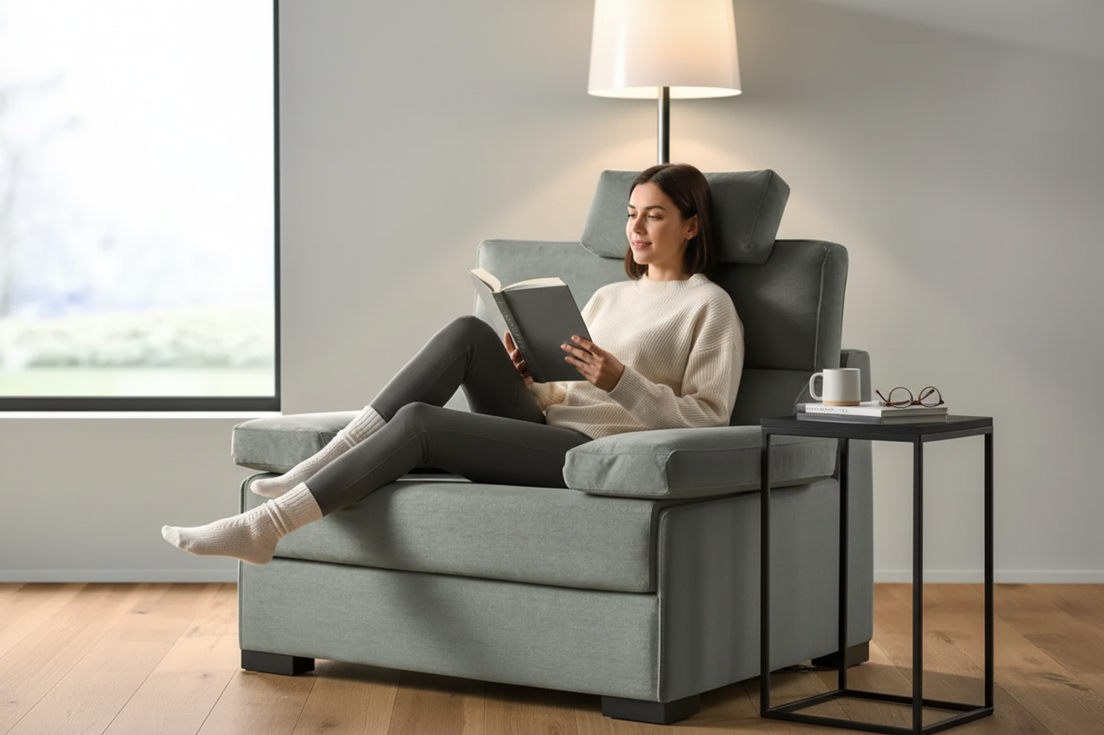 Fauteuil convertible gris - femme en détente dans salon contemporain