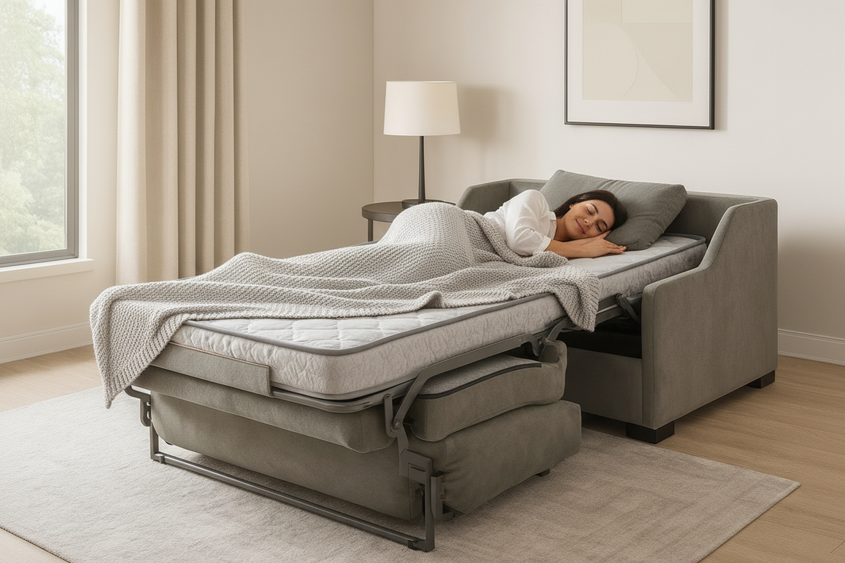 Fauteuil 1 place convertible gris ouvert - femme endormie paisiblement