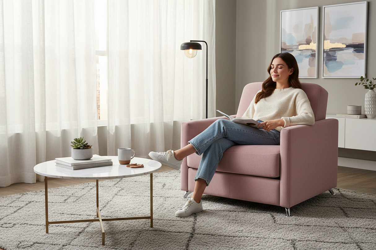 Fauteuil convertible rose - femme en détente dans salon contemporain