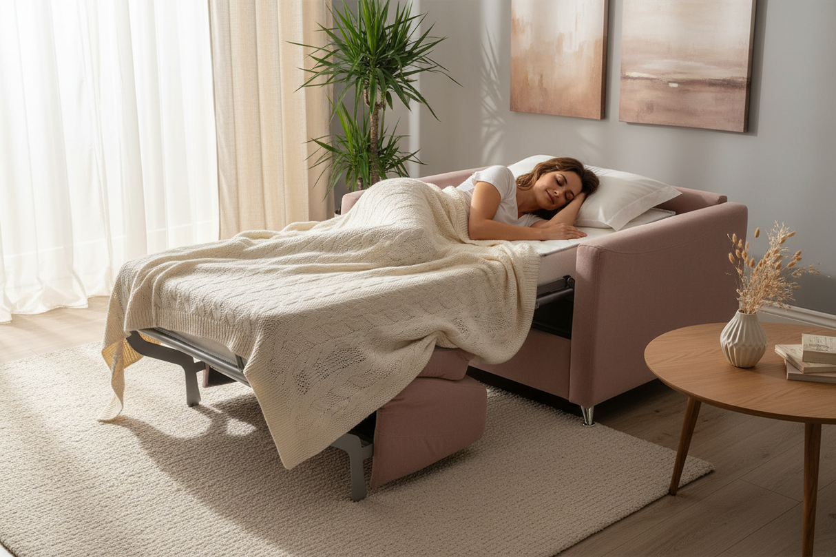 Fauteuil convertible rose ouvert - femme endormie paisiblement