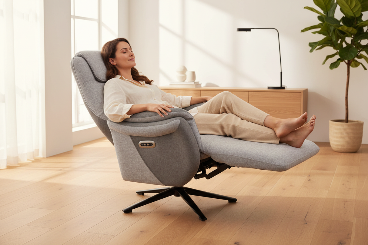 Fauteuil relax électrique pivotant Zenith en tissu gris – vue ambiance salon