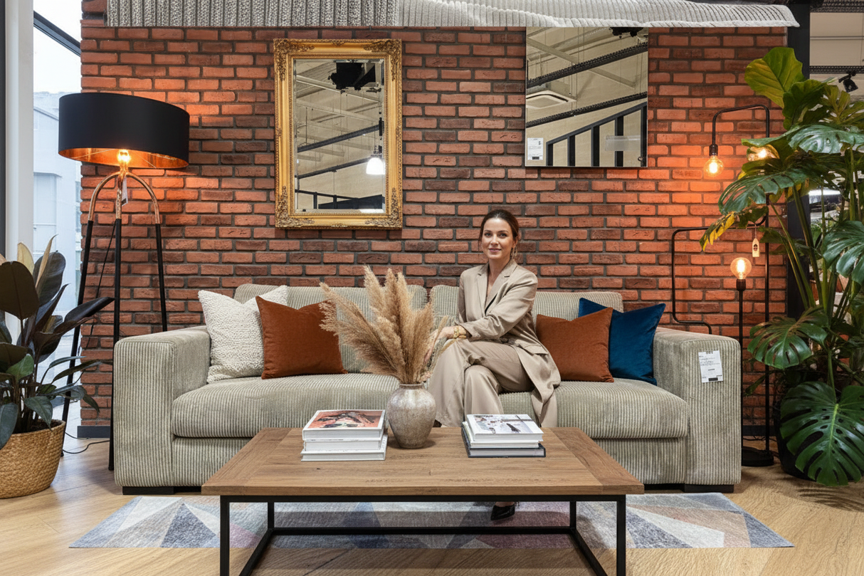 Femme élégante sur le canapé velours côtelé beige dans un espace embelli