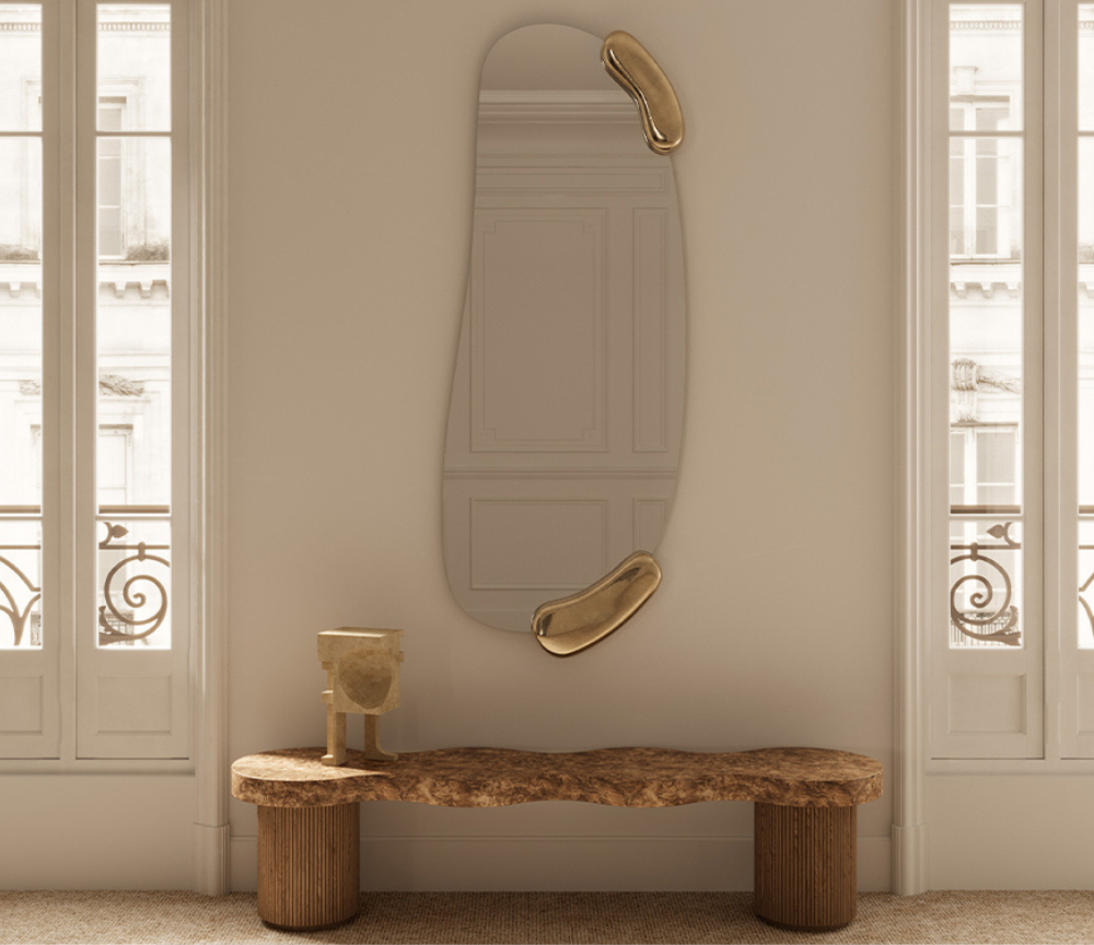 Grand miroir design mural contemporain arrondi or doré - Calcoly