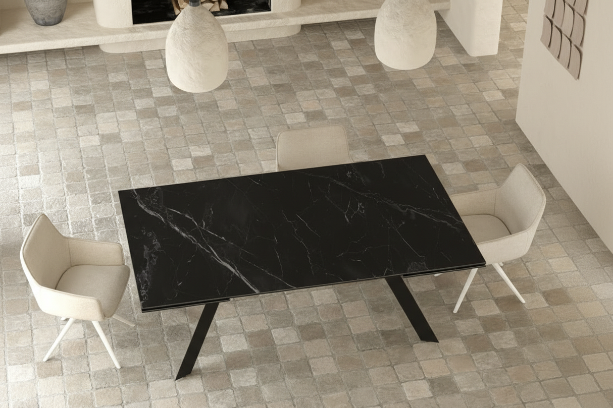 Ontario XL table céramique extensible marbre noir – vue en situation salle à manger contemporaine