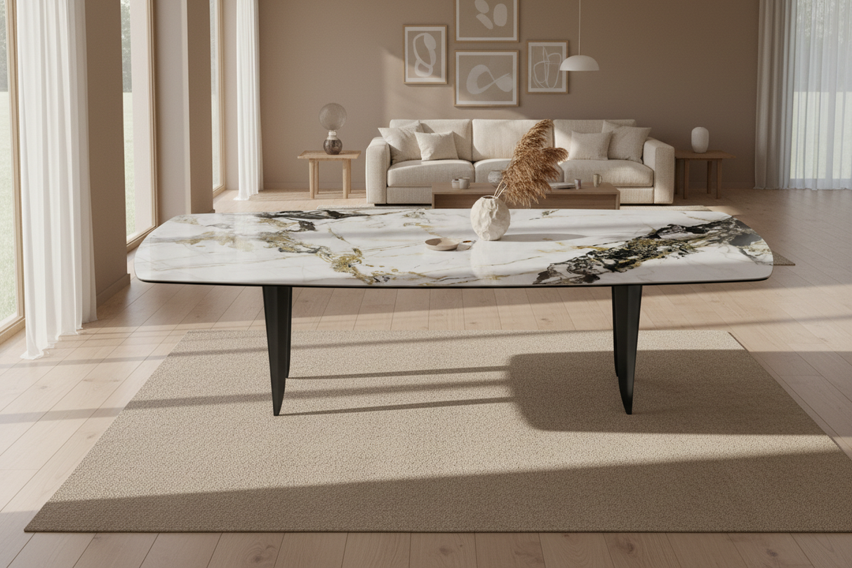 Auguste table céramique 6 mm marbre Doro – vue d'ensemble salle à manger, forme tonneau