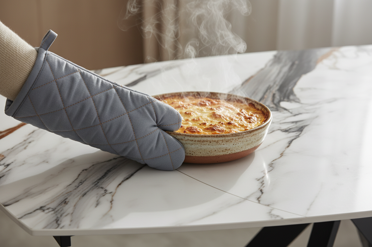 Gros plan émotionnel d'un plat chaud déposé sur la table en marbre blanc