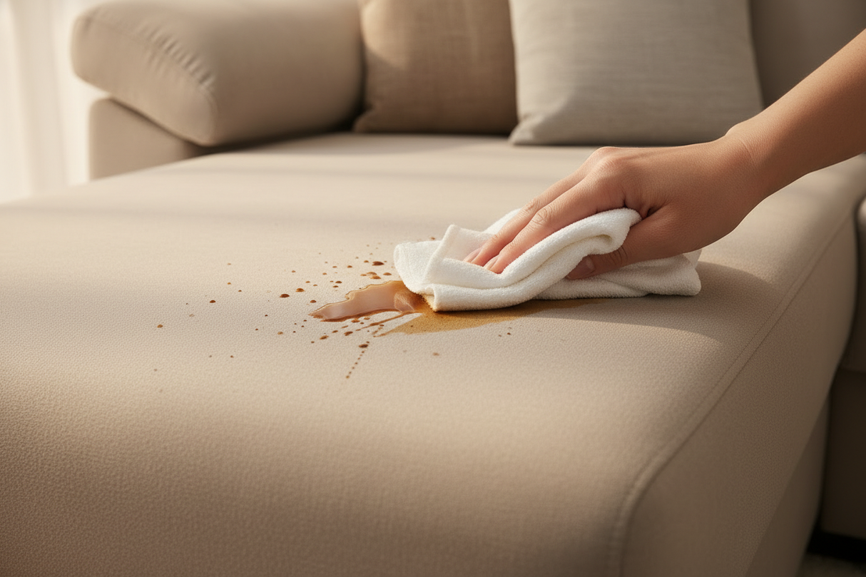 Gros plan traitement anti-taches tissu lisse canapé Billy