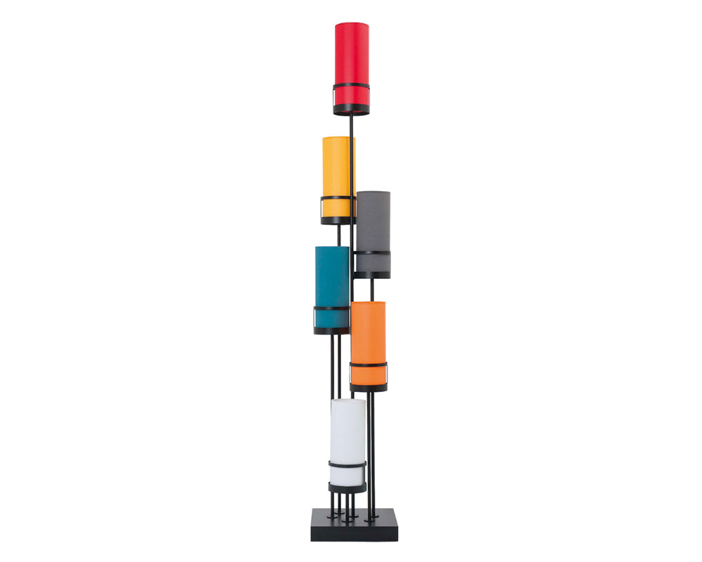 Lampadaire de salon design Sixt – vue de face – multicolor – base bois massif
