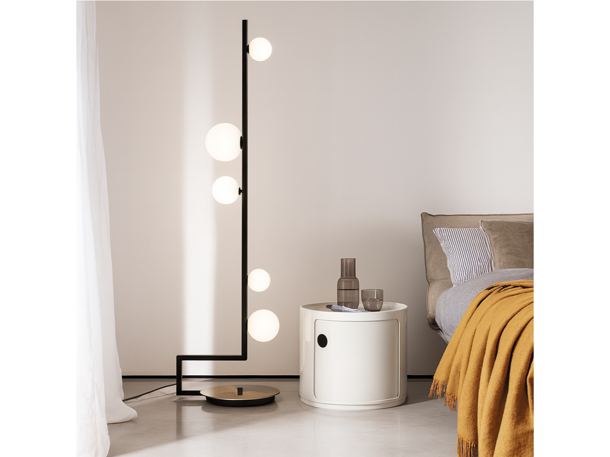 Lampadaire design boule blanche structure noir bird ideal lux - souffle d'interieur