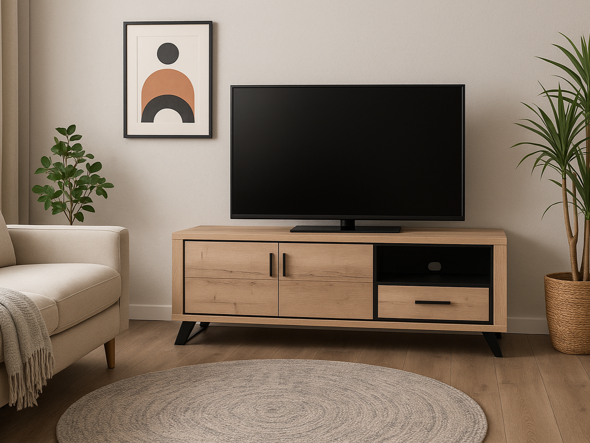 meuble tv en bois et pieds metal noir dans un salon contemporain