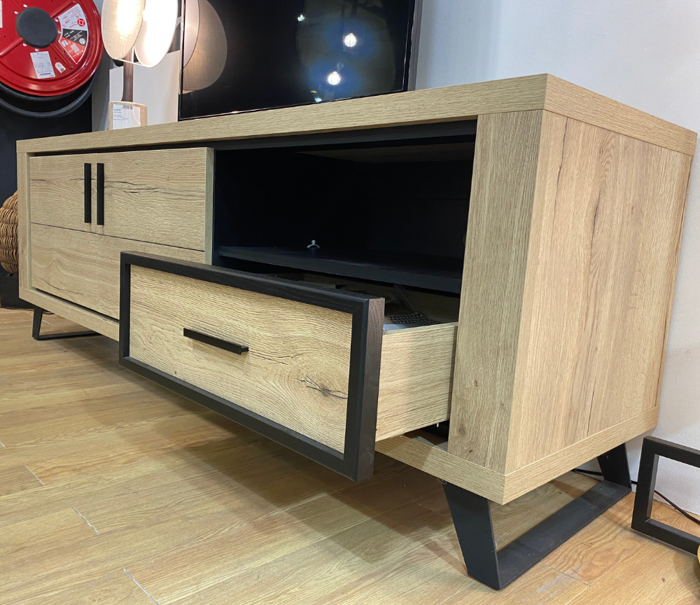 Meuble tv Rosa en situation – salon – vue 3/4 – tiroir ouvert