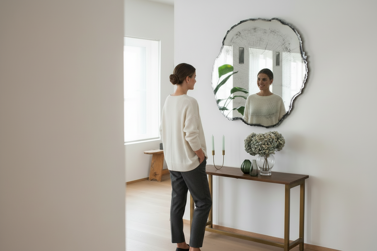 Miroir design – femme souriante