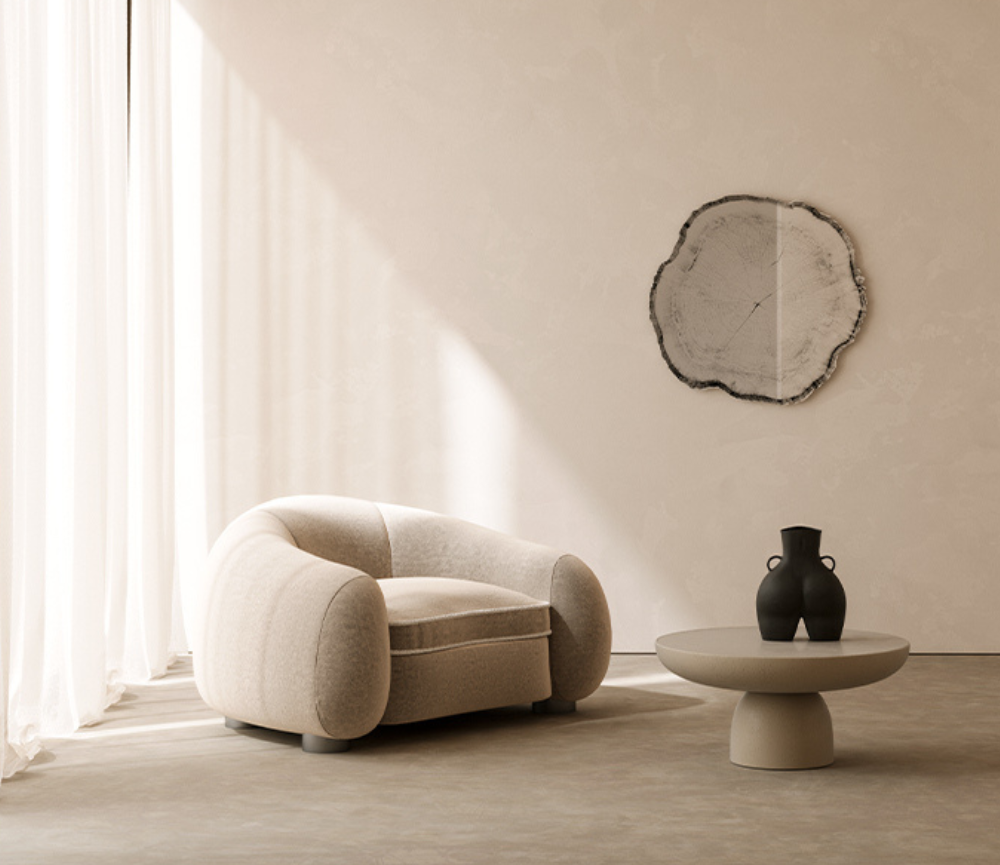 Miroir rond mural design Arbo en situation – salon – vue de face