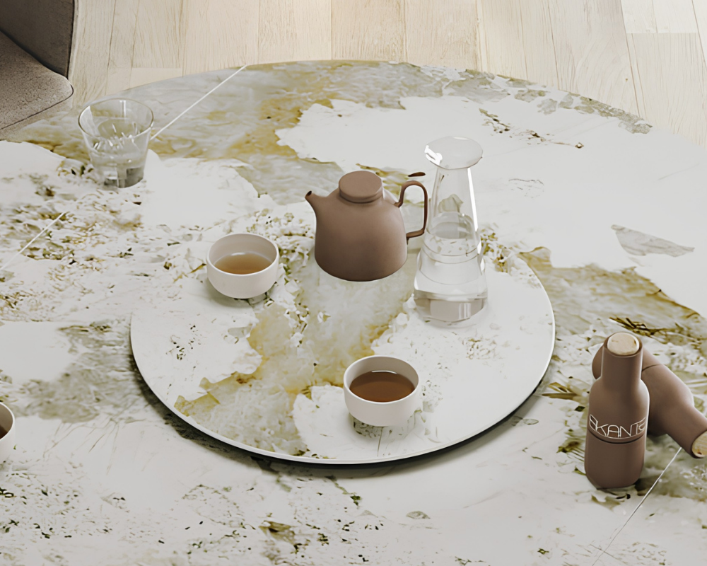 Plateau tournant céramique pour table Lazy – vue 3/4 – marbre calcatta – Ø55