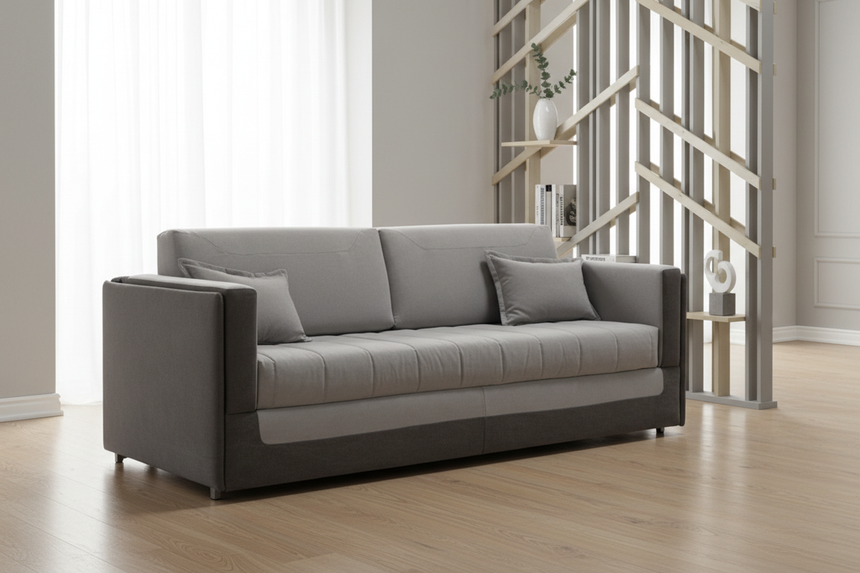 Profil du canapé lit superposé fermé, lignes épurées et structure métal anthracite – Souffle d’Intérieur