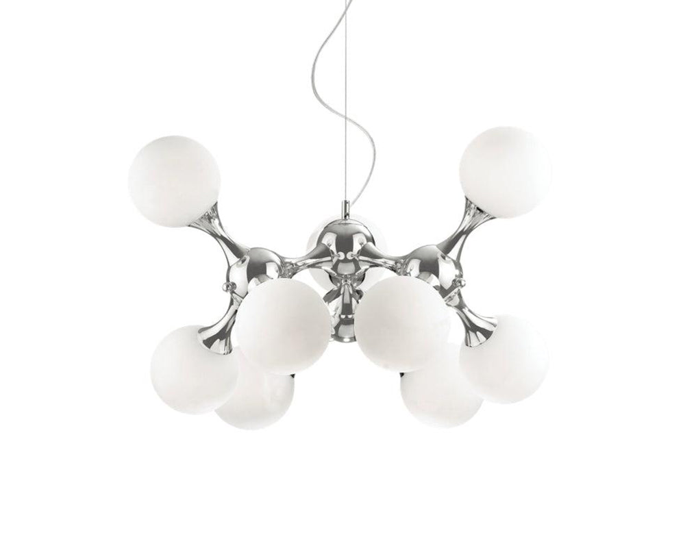 Suspension boule design Emma – vue de face – verre soufflé blanc et argenté