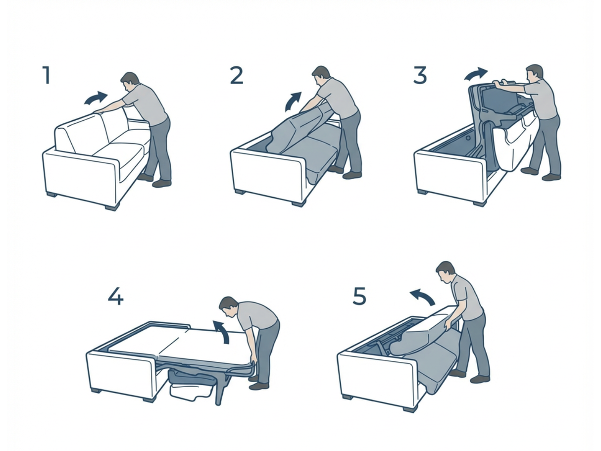 Schéma d'ouverture en 5 étapes du système rapido – Canapé convertible