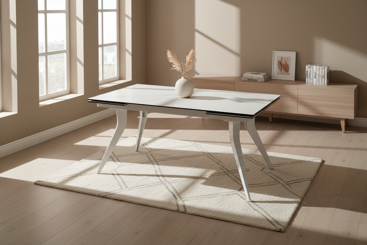 Table Thorus céramique extensible marbre blanc mat – piétement 4 pieds acier blanc, vue d’ambiance salle à manger