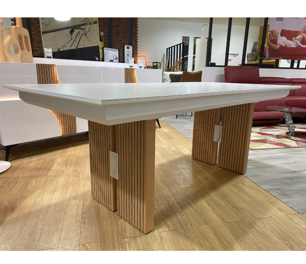 Table à manger extensible ceramique marbre blanc mat pieds bois naturel marquise - Animovel - Souffle d'intérieur