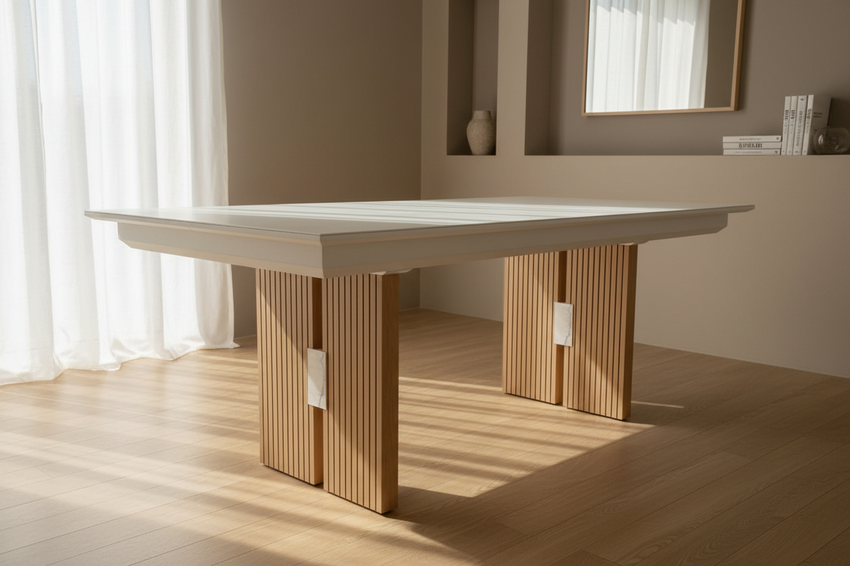Marquis table extensible céramique marbre blanc mat pieds bois massif – vue d'ensemble salle à manger