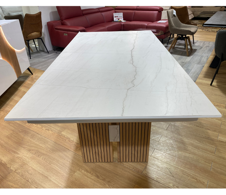 Table à manger extensible ceramique marbre blanc mat pieds bois naturel marquise - Animovel - Souffle d'intérieur