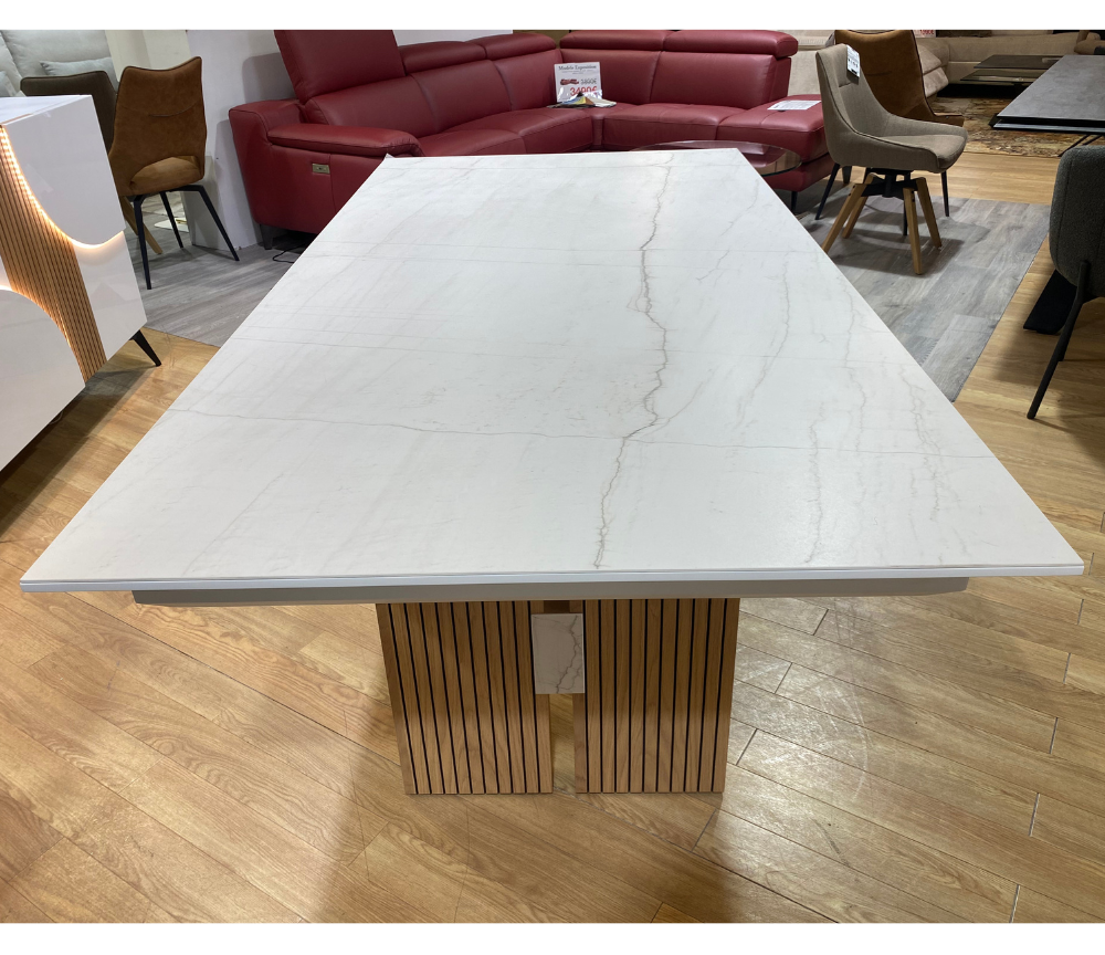 Table à manger extensible ceramique marbre blanc mat pieds bois naturel marquise - Animovel - Souffle d'intérieur