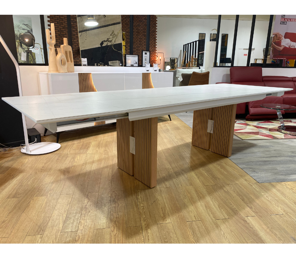 Table céramique extensible marbre blanc mat pieds bois L 200cm - Marquis