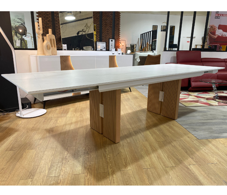 Table à manger extensible ceramique marbre blanc mat pieds bois naturel marquise - Animovel - Souffle d'intérieur