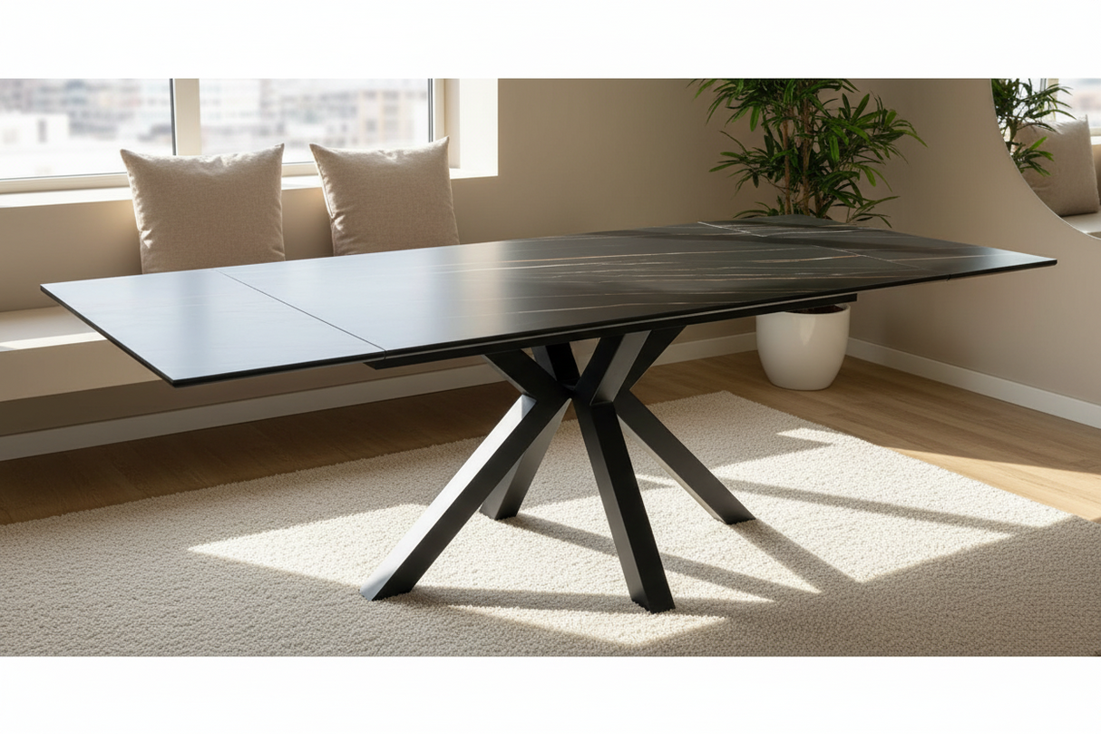 Stan table extensible céramique marbre noir mat – vue d'ensemble configuration ouverte, salle à manger contemporaine
