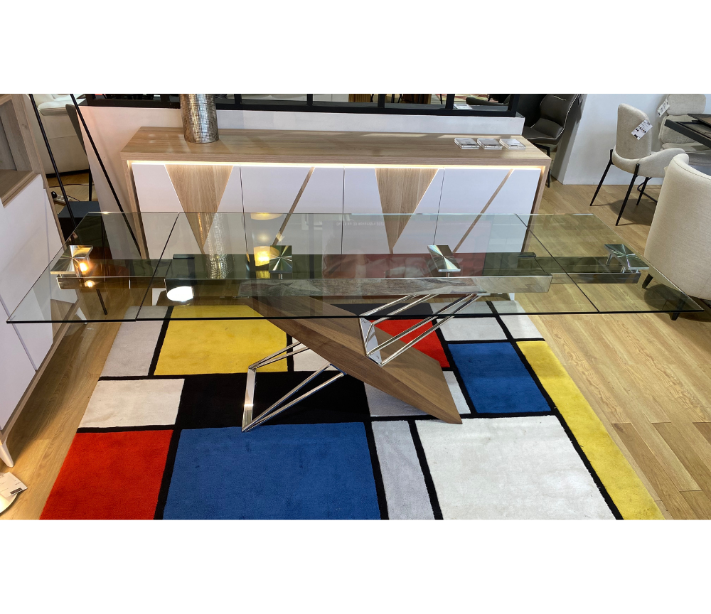 Table Fely design contemporain - plateau verre trempé et pieds bois massif