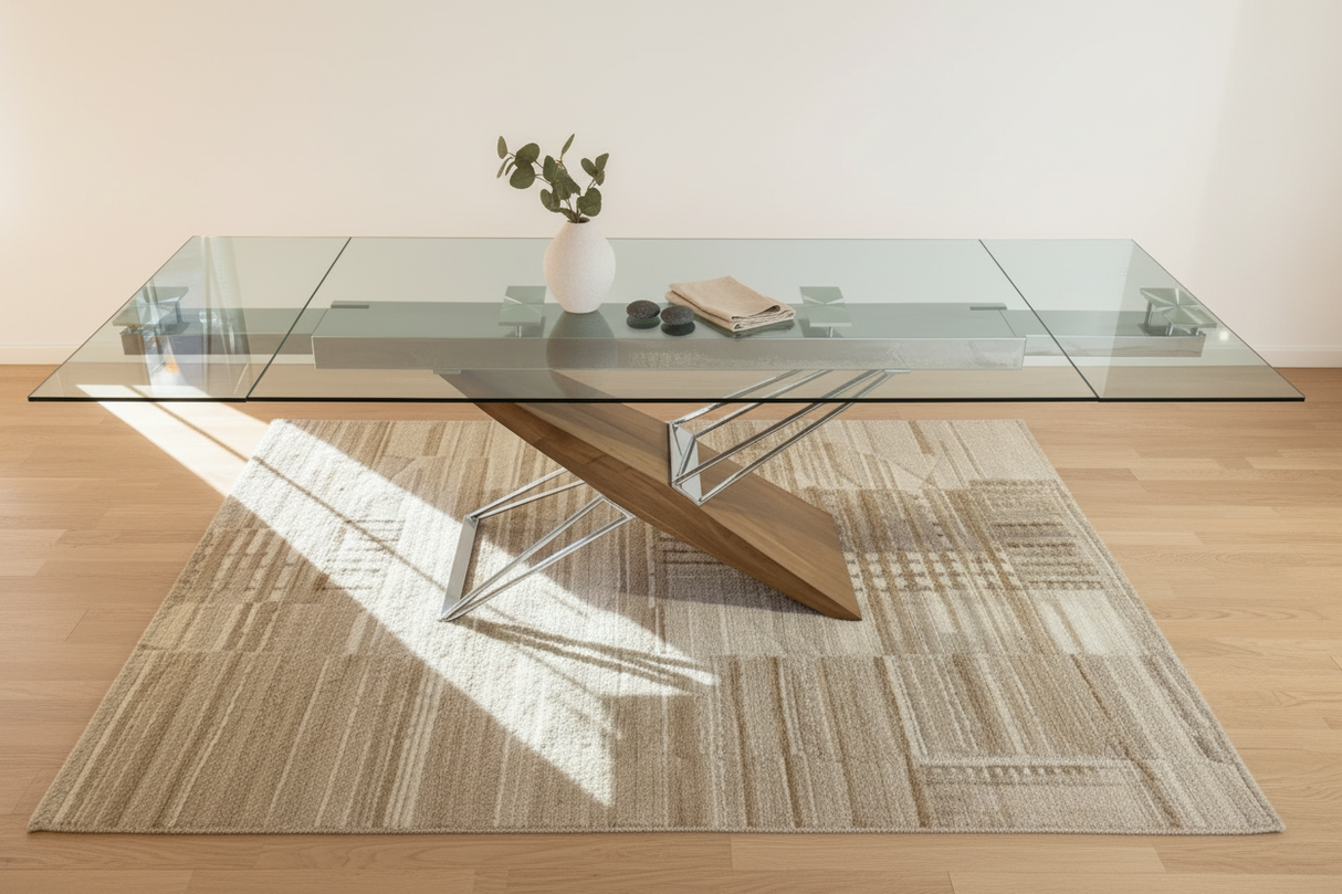 Table Fely design contemporain - plateau verre trempé et pieds bois massif
